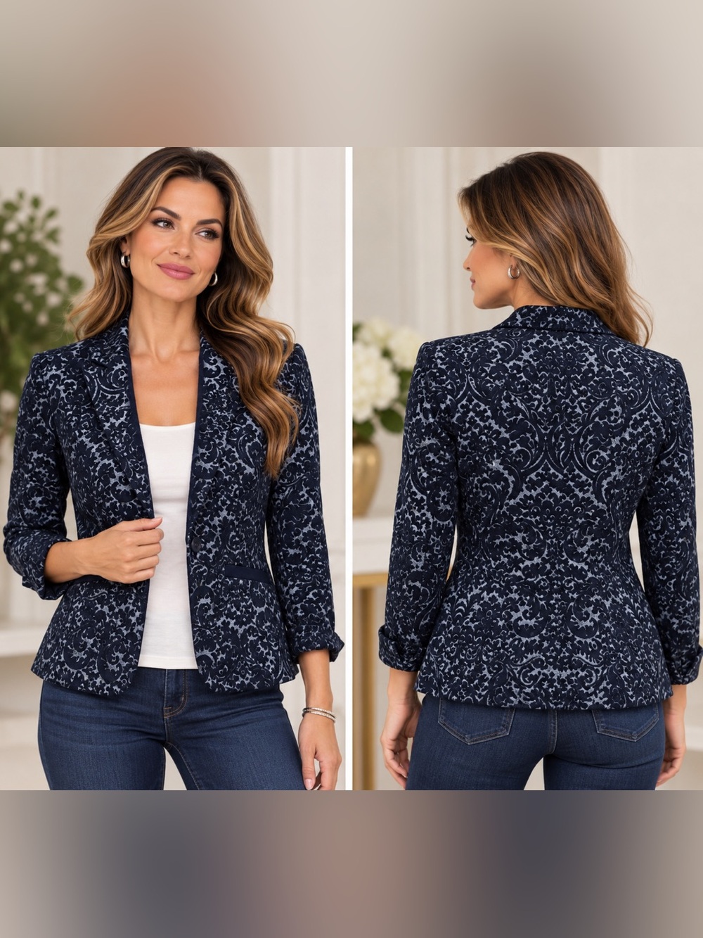 Cabi Size 12 Jacquard Blazer Navy Blue Wool Blend Velvet Damask Old Money 109